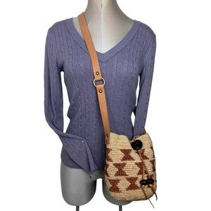 Raffia boho bucket Crossbody bag hand woven, Crochet & Leather Strap Tan